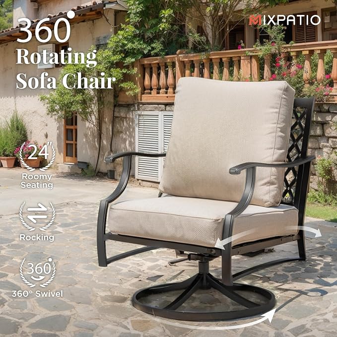 MIXPATIO Patio Furniture Set 6 pcs, Outdoor Patio Furniture, 3-Seat Sofa, 2 Swivel Chairs, 2 Ottomans, Coffee Table and 5.75" Extra Thick Cushion, Patio Conversation Set,Beige