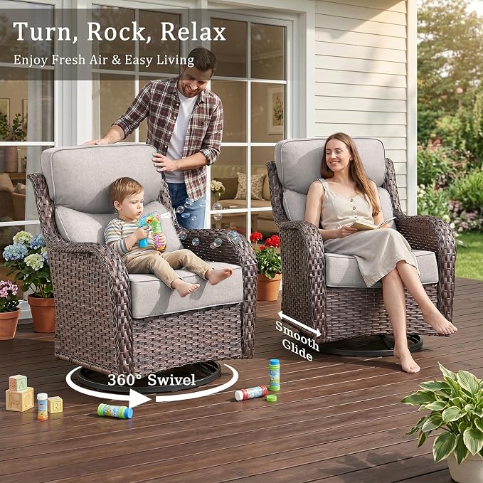 Luxury High Back Outdoor Swivel Rocker Patio Chairs with Side Table & 6-Inch Thick Cushions, 2 Pieces Patio Furniture Set for Porch, Balcony, Deck and Yard