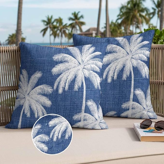 Outdoor Pillow Covers 24x24 Inch Set of 2, Navy Blue Palm Trees Waterproof Throw Pillow Covers, Farmhouse Tropical Summer Beach Decorative Cushion Pillowcases for Couch, Sofa, Bed, Garden, Patio