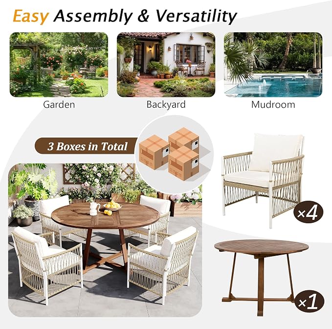 Merax 5 Piece Patio Dining Set, Outdoor Acacia Wood Extendable Round Table with 12 Inch Butterfly Leaf and 4 Rattan Arm Chairs w/Cousions & Pillows for Backyard,Balcony, Garden, Poolside, Natural