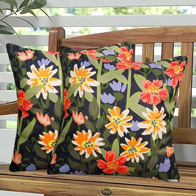 Pyonic Outdoor Pillows Cover Pack of 2 Spring Floral Waterproof Throw Pillow Covers 20X20 inch Outdoor Pillows for Patio Furniture Garden Square Outside Waterproof Pillow ，Black