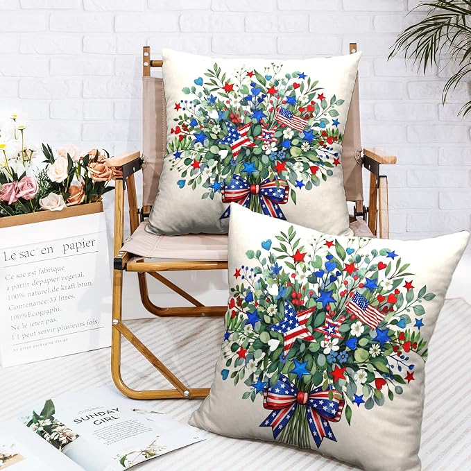 4th of July Throw Pillow Covers 22x22 Stars and Stripes American Flag Pillow Cases Eucalyptus Patriotic Pillow Covers Summer Memorial Day Cushion Cases for Sofa Couch 2 Pack