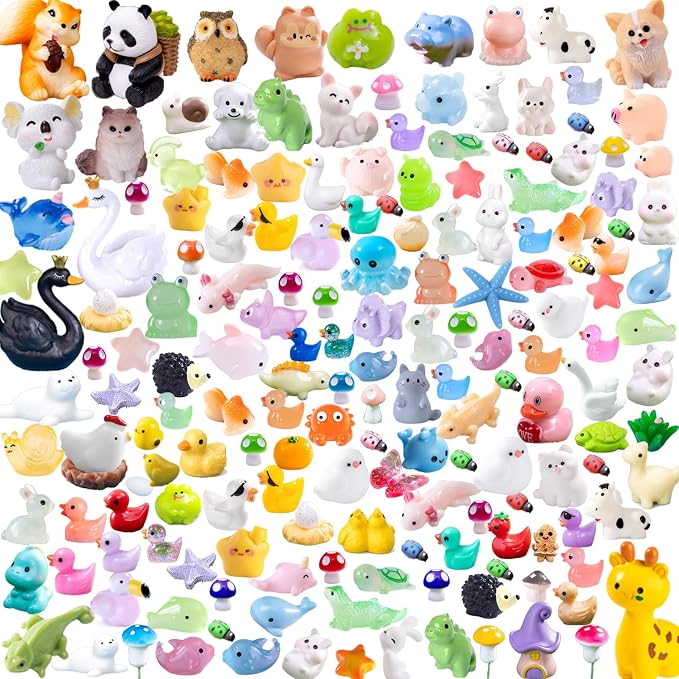 150 Pcs Mini Resin Animals Figurines, Mixed Tiny Resin Figures Bulk Fairy Garden Décor Micro Landscape Ornaments Dollhouse Craft Accessories DIY Slime Charms for Christmas Halloween Fillers Stuffers