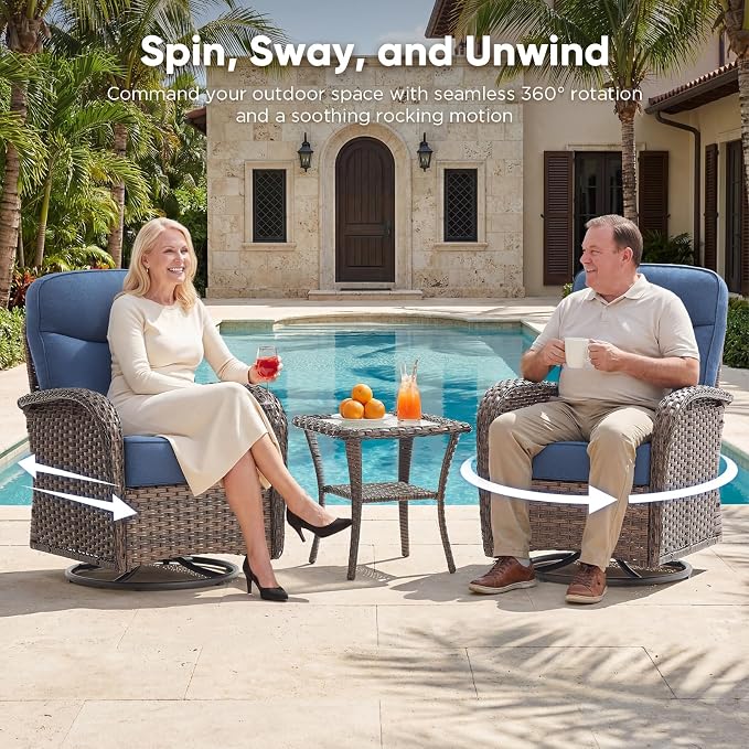 HUMMUH 4PCS Outdoor Swivel Rocker Patio Chairs with Ottomans,Luxury 6-inch Thick Cushion,High Back Patio Furniture Set,Wicker Conversation Set for Deck Yard and Poolside