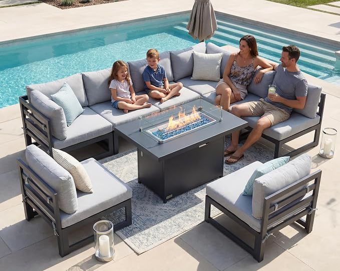 NICESOUL 9 Piece Modern Aluminum Patio Furniture Set with Fire Pit Table, 500 lbs Heavy Duty Outdoor Sectional Sofa, 29" Deep Wide Oversized Seating L Shaped Conversation Couch for Garden, Light Gray