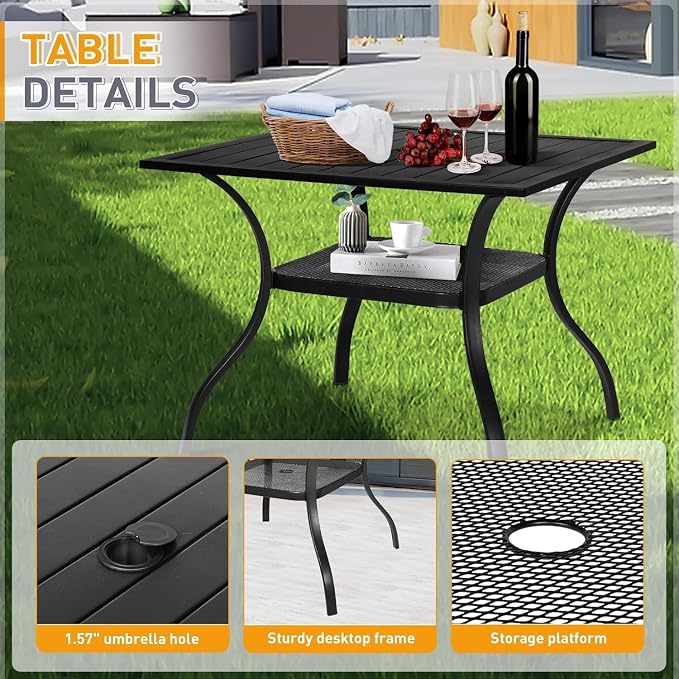 5 Piece Outdoor Patio Dining Set, Metal Patio Furniture Set Outdoor Square Slatted Dining Table with Umbrella Holes & 4 Stackable Chairs for Backyard, Garden