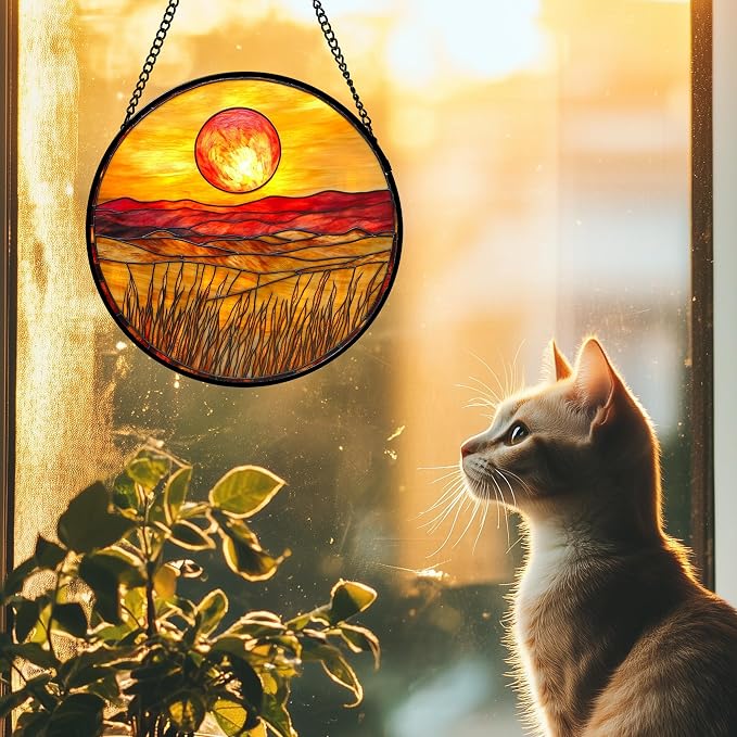DASTOLL Stained Glass Window Hanging 4 Pcs Set Desert Sunset Theme Landscape 7.8" - Suncatcher Door Garden Sun Catcher Decor Birthday Christmas for Mom Woman Nana Men