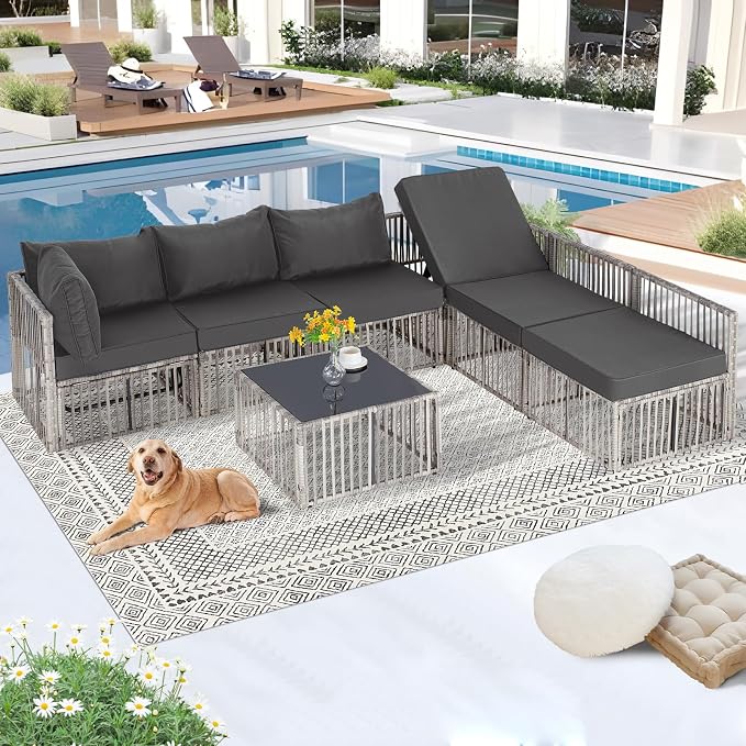 FHFO 7 Piece Outdoor Wicker Patio Furniture Set, Grey/Dark Grey | Sectional Sofa | All-Weather Hand-Woven Rattan | Tempered Glass Coffee Table | Adjustable Backrest | Indoor & Outdoor Use