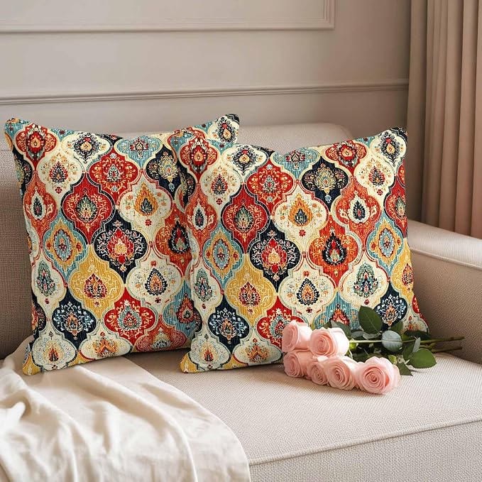 Bohemian Floral Outdoor Pillow Covers 26"x26" Set of 2, Moroccan Exotic Colored Floral Waterproof Throw Pillow Covers for Patio Furniture, Decorative Cushion Covers for Porch