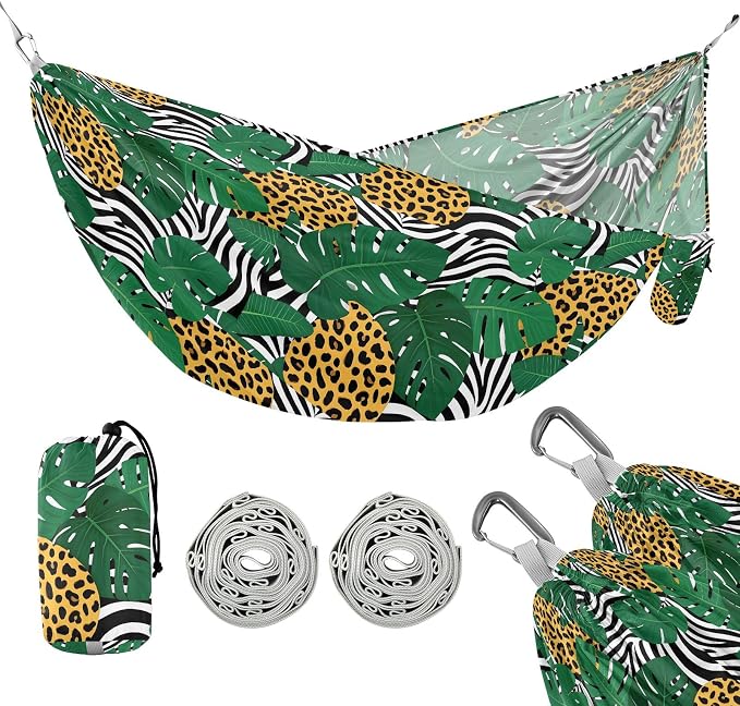 Camping Hammock Outdoor Hammocks for Outside Leopard Tropical Leaf Beach Trees Portable Lightweight with Pockets Tree Straps Indoor Small