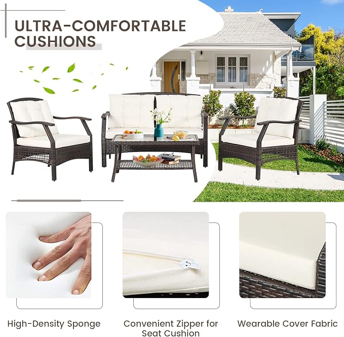 HAPPYGRILL 4 Piece Outdoor Rattan Conversation Set, Patio Rattan Sofa Set with Protective Cover, Soft Seat & Back Cushions, Patio Furniture Set with Sturdy Steel Frame