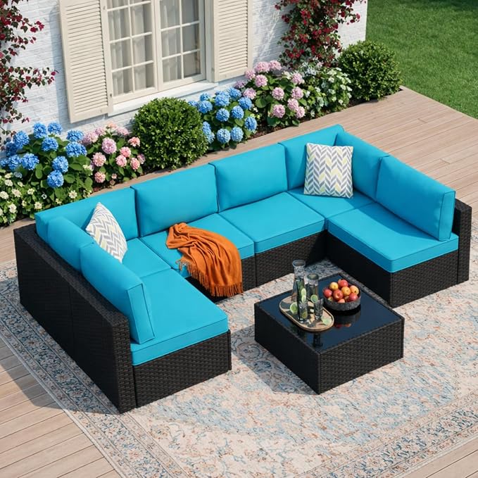 JAMFLY 7-Piece Outdoor Patio Furniture Set, Modular PE Rattan Sectional Sofa with Thick Cushions & Glass Coffee Table, Weather-Resistant Wicker Conversation Set for Poolside, Balcony, Garden, Blue