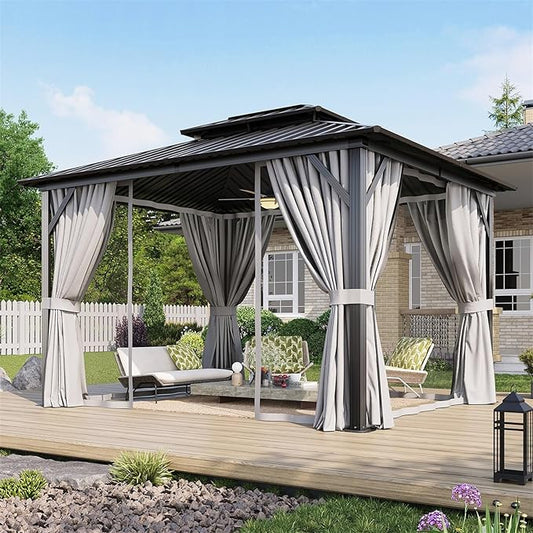 Aoxun 10’x12’ Hardtop Gazebo, Permanent Metal Pavilion with Galvanized Steel Double Roof, Outdoor Pergola with Nettings and Curtains for Lawn, Garden, Patio (Gray)