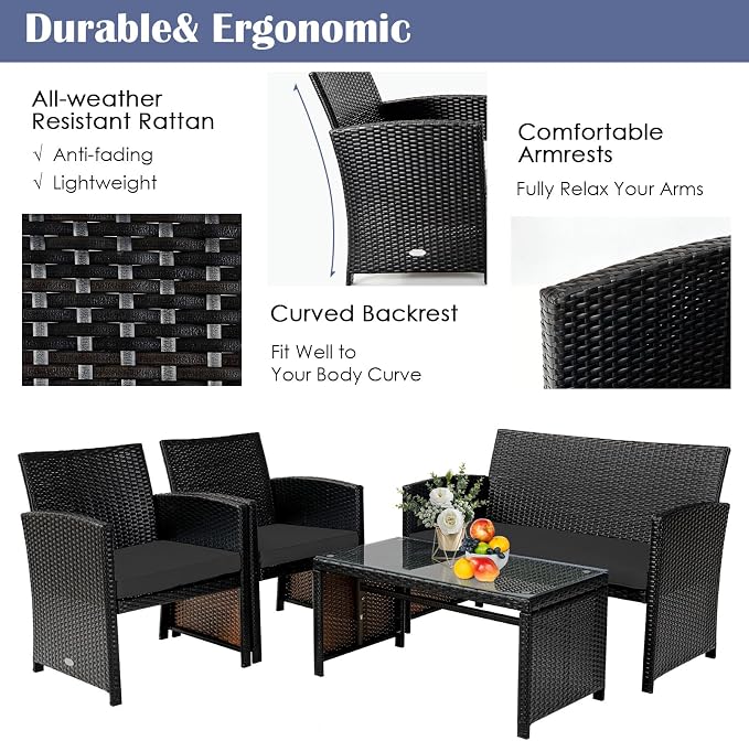 Tangkula 4 Pieces Rattan Furniture Set, Outdoor Conversation Set w/Chair & Loveseat & Tempered Glass Coffee Table, Suitable for Garden, Backyard, Poolside, Patio Furniture Set for 4 (1, Black)