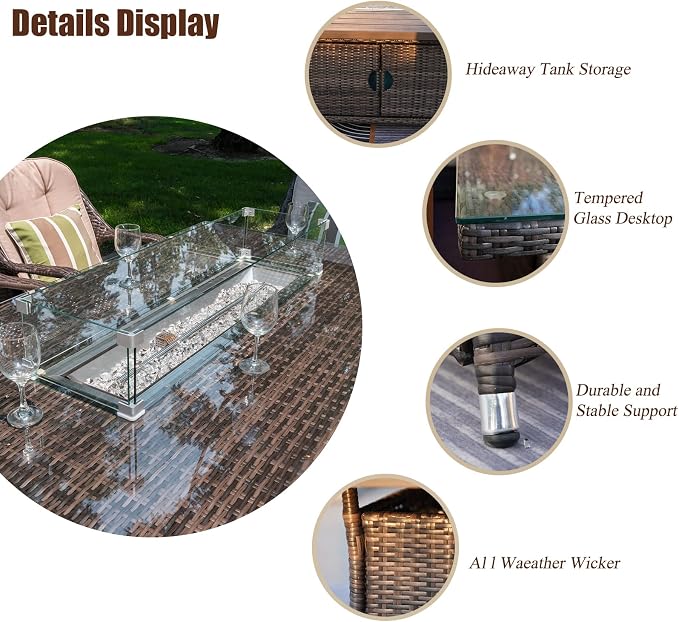 Abrihome® 7 Piece 6-Seat PE Rattan Wicker Outdoor Patio and Garden Rectangular Fire Pit Dining Table Set (Glass Tabletop)