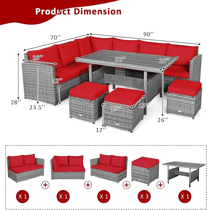 HAPPYGRILL 7 Pieces Rattan Wicker Patio Conversation Set, Outdoor Patio Furniture Set with Cushions, Rattan Sofa Set with Dining Table & Ottomans for Poolside Backyard Balcony Garden (Red)