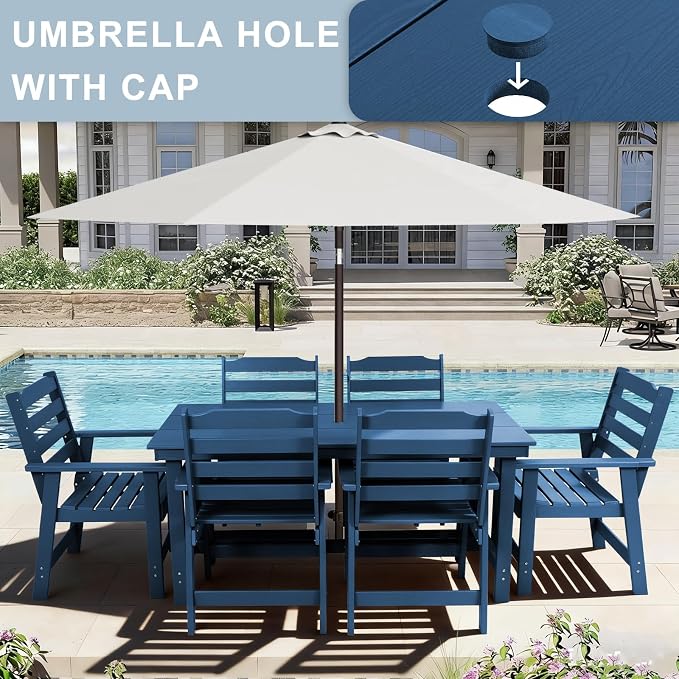 FUNBERRY Outdoor Dining Table, HDPE 6-Person Patio Table with Umbrella Hole | Wood-Grain, HDPE All Weather, No Rot or Rust or Crack, UV Fade Shield, 220LBS Weight Capacity, Easy-Clean for Outside