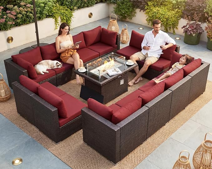BULEXYARD 13 Piece High Back Wicker Patio Furniture Sets with Fire Pit, Elegant XL Oversized Outdoor Seating Set Modular, Comfy Extra Deep Wide 12-Person Sectional Couch Sofa for Backyard, Brown & Red