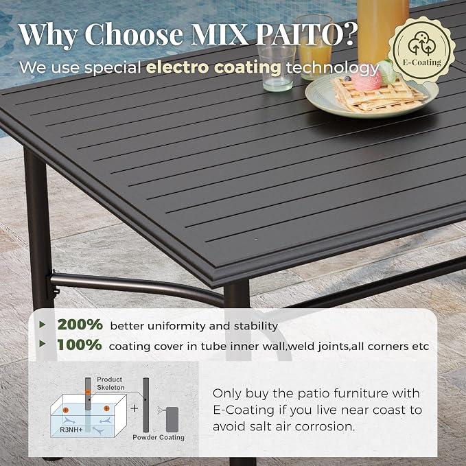 MIXPATIO 7-Piece Outdoor Dining Set 6 Brown Textilene Chairs and Steel Rectangle Table with 1.97” Umbrella Hole for Deck Garden Backyard Lawn Poolside