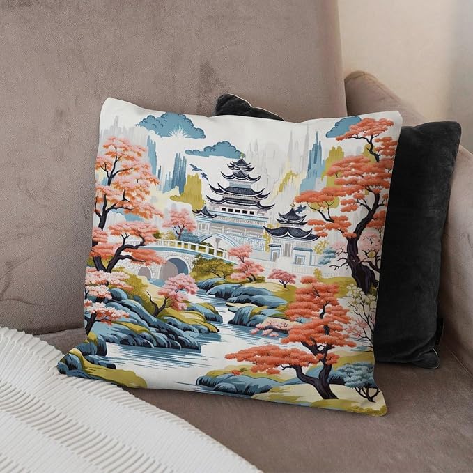 Chinoiserie Pagoda White Coral Blue Cushion Cases Chinoiserie Chic Asian Throw Pillow Cover Farmhouse Modern Decorative Pillow Covers for Patio Furniture Tent Garden 18x18 in