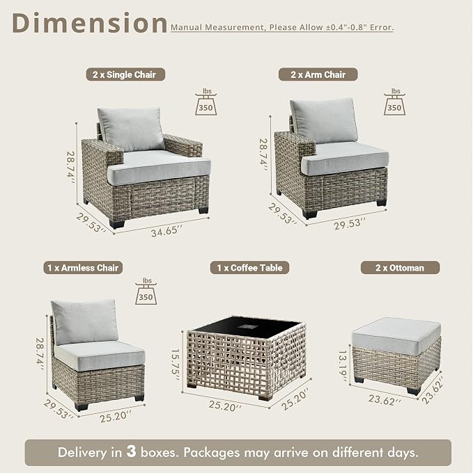 Weaxty 8 Pieces Outdoor Furniture Set, Patio Sectional Sofa Wide Seats Couch Chair with Ottoman Solar Table, Thick Cushion All-Weather Rattan Patio Conversation Sets for Backyard Porch Deck, Gray