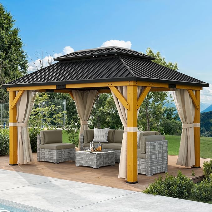 DWVO 13X15FT Gazebo Wood Outdoor Wooden Frame Double Roof Hardtop Galvanized Steel Top Canopy w/Curtain and Netting, Patio Heavy Duty for Deck, Backyard, Beige Yellow