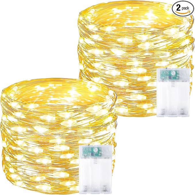 2 Pack 60 LED Fairy Lights Battery Operated with Timer, 20 FT Warm White | Cuttable Copper Wire, Waterproof Battery String Lights for Indoor Outdoor, Wedding, Bedroom, Home, DIY, Christmas Decorations