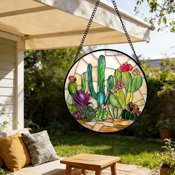 DASTOLL Stained Glass Window Hanging, White Green Cactus Suncatcher Diamond Glass Panel Hangings Sun Catchers Decor for Birthday for Women, Men, Wife, Aunt, and Mom 14.9x14.9 in