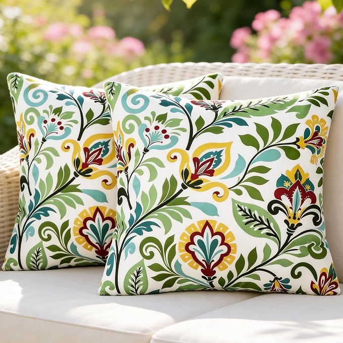 Floral Waterproof Outdoor Throw Pillow Covers 18x18 Inch Set of 2 | Green and Yellow Floral Pillow Cover, Summer Outdoor Decor Cushion Cases for Garden Patio Balcony Funiture Porch Couch Sofa