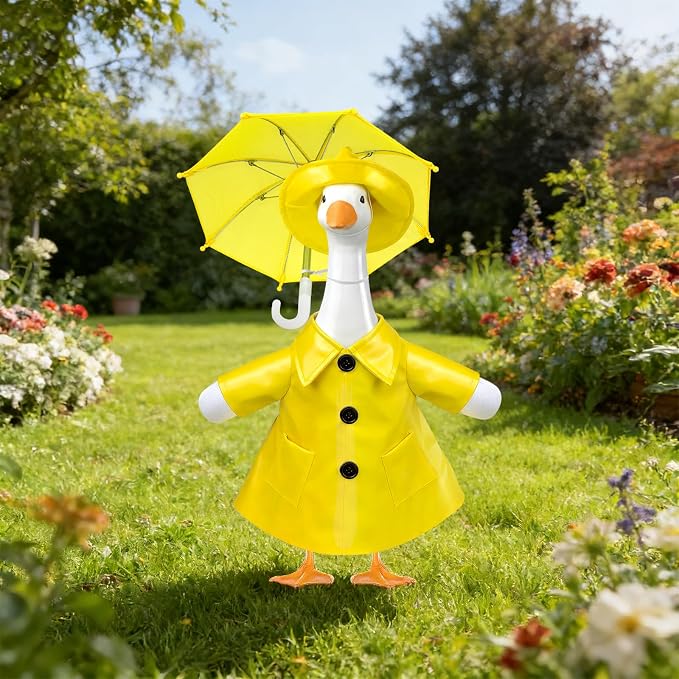 3 Pcs/Set Raincoat Porch Goose Outfits, Summer Lawn Goose Statue Raincoat Costume, Yard Goose Clothes Raincoats Umbrella Hat Outfit for 23" Statue Patio Garden Decoration Yellow
