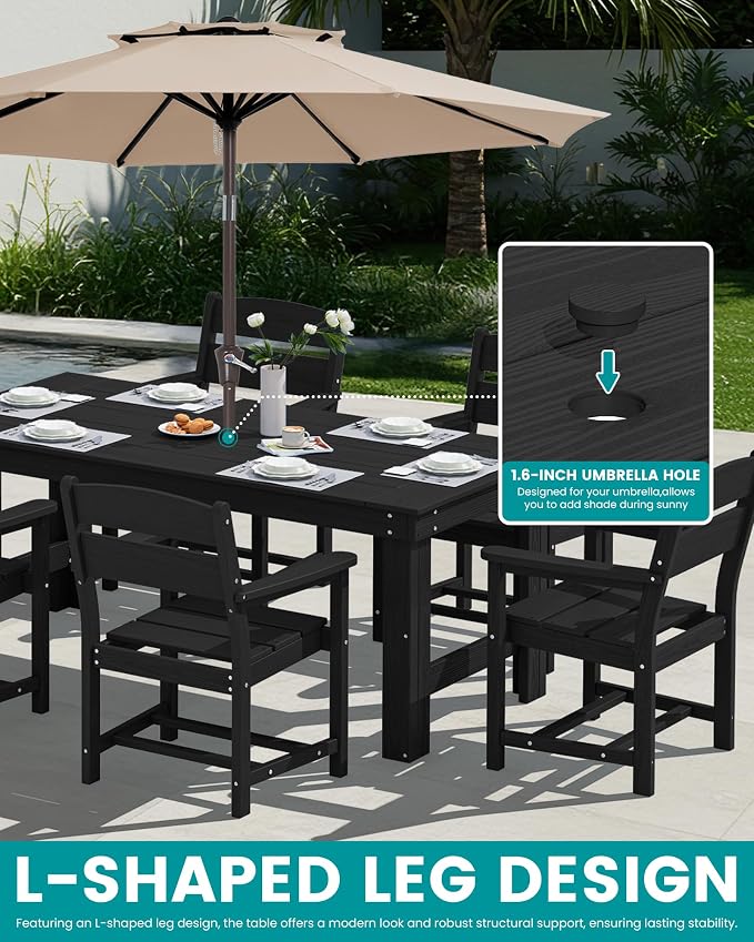 SERWALL HDPE Outdoor Dining Table and Chairs Set for 6 | with Oversized Chair Seat