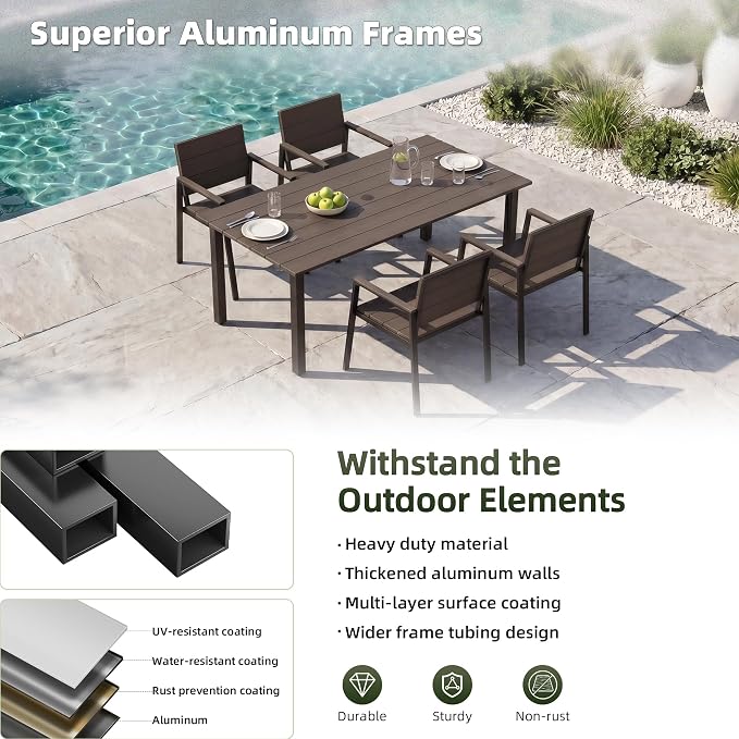 Outdoor Table and Chairs for 4 Aluminum Patio Dining Set with Umbrella Hole | All Weather,HDPS Material,Oversized,5 Piece,for Backyard,Rot-Fade-Crack Proof,Maintenance-Free,Sturdy,Heavy-Duty,Chocolate