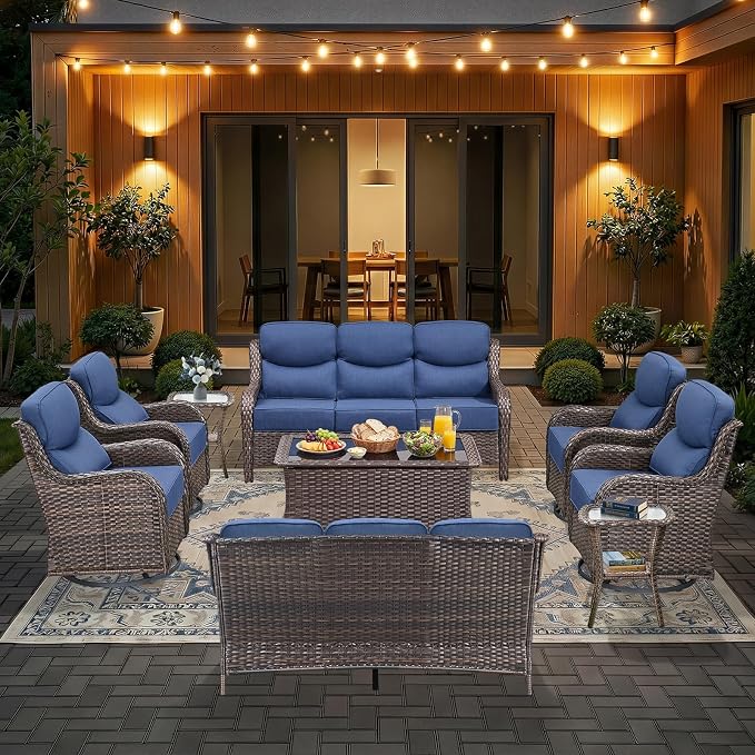 HUMMUH 9 Pieces Wicker Outdoor Furniture Set 6-inch Cushions High Back Patio Sofa Swivel Rocker Chairs Set of 2 with Coffee Table for Porch,Deck,Backyard