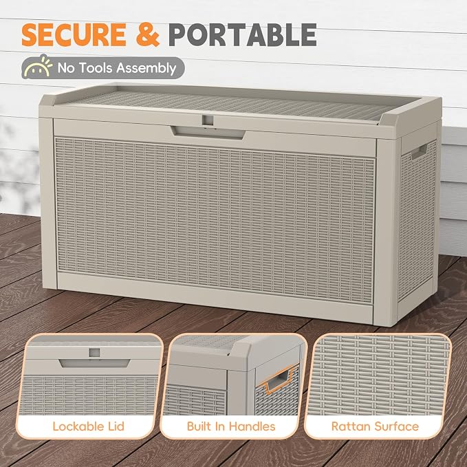 LubanNese Outdoor Storage Box, Waterproof Deck Box, Outdoor Patio Storage Bin, Weatherproof (Grey, 66 Gallon with Seat)