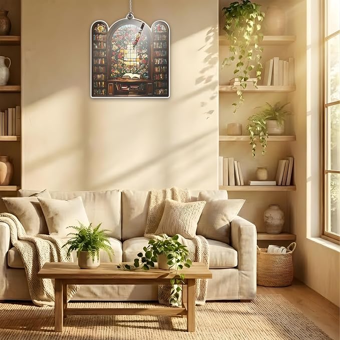 Floral Bookshelf Acrylic Suncatcher, Bookish Suncatchers for Window Hanging Ornament, Art Garden Decor for Book Lover Bookworm Reader, Gifts for Mother's Day, Mom, Grandma, Wife, Women, Nana
