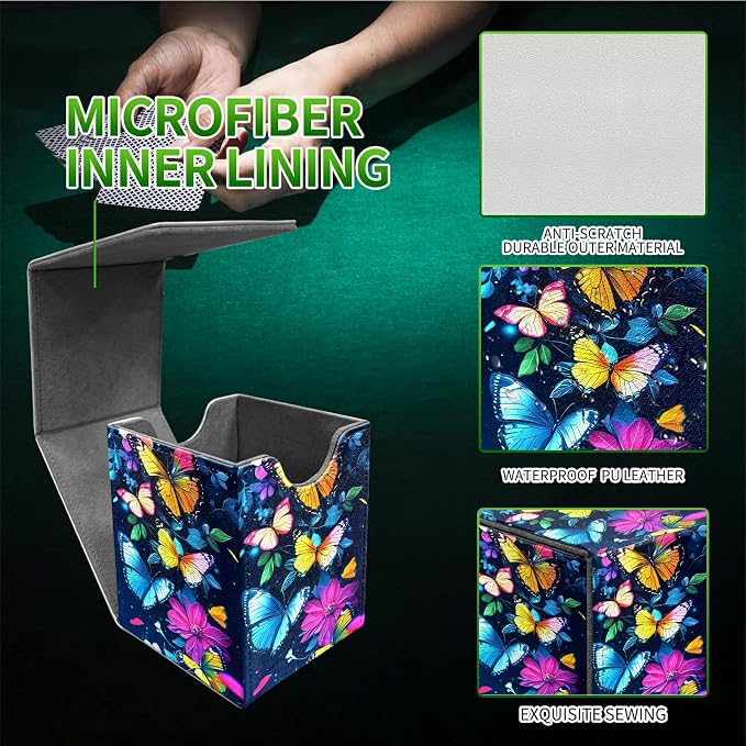 Colorful Butterfly Card Deck Box for MTG, Personalized Card Storage Case Fits 120+ Sleeved Cards, Premium Leather TCG Box with Strong Magnetic Closure for Magic, CCG, PTCG, Baseball Cards