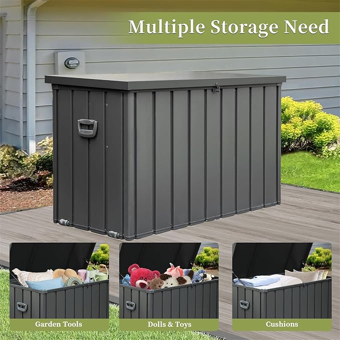 200 Gallon Galvanized Steel Deck Box, Outdoor Storage Box Waterproof with Wheels, Lockable Storage Container for Patio Furniture Cushions Garden Tools, Dark Gray