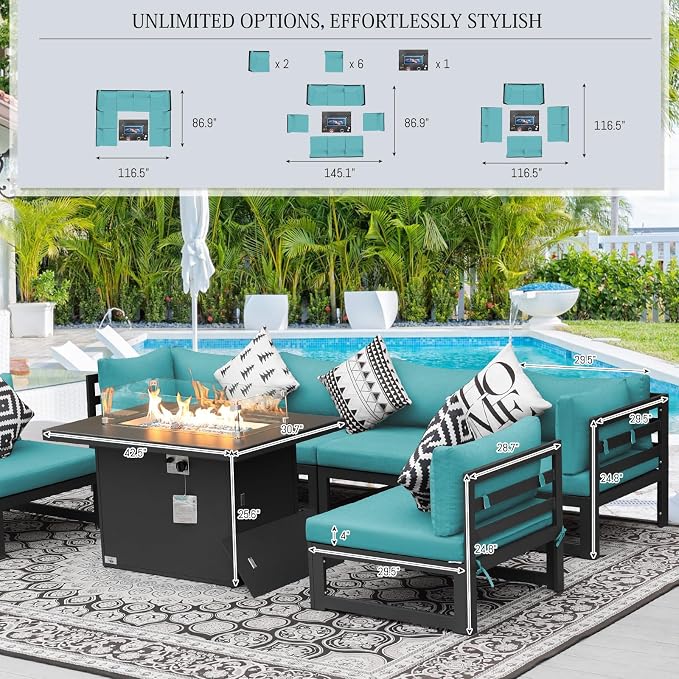 BULEXYARD 9 Piece Large Modern Aluminum Outdoor Patio Furniture Set with Fire Pit Table Propane/Gas, 29 inch Wide Deep Seat, Anti-Rust Comfy Sectional Sofa, 500 lbs Sturdy Conversation Set, Turquoise