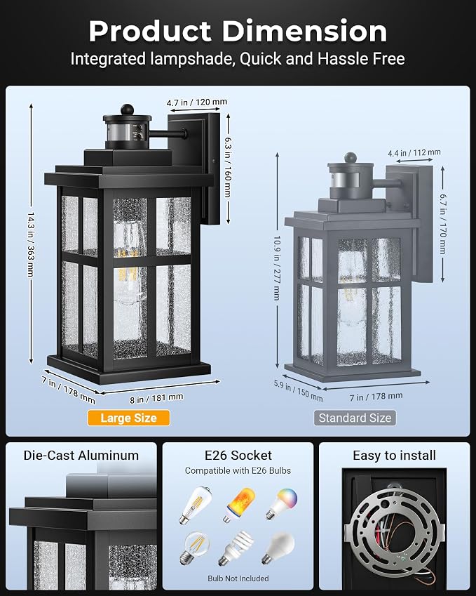 VIANIS Large Motion Sensor Porch Lights Outdoor, Moden Black Dusk to Dawn Exterior Lighting Fixtures Wall Mount for House, Anti-Rust Waterproof Outdoor Sconce Lights for Garage, Coach, Front Door