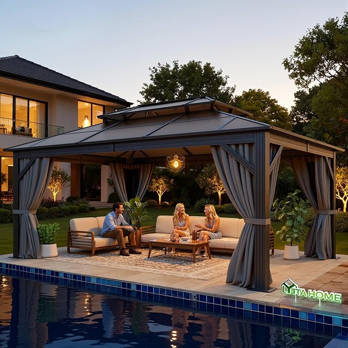 YITAHOME 12x16FT Polycarbonate Gazebo Double Roof Canopy Outdoor with Netting and Shaded Curtains, Aluminum Frame Polycarbonate Hardtop Garden Tent for Patio, Backyard, Deck and Lawns, Grey