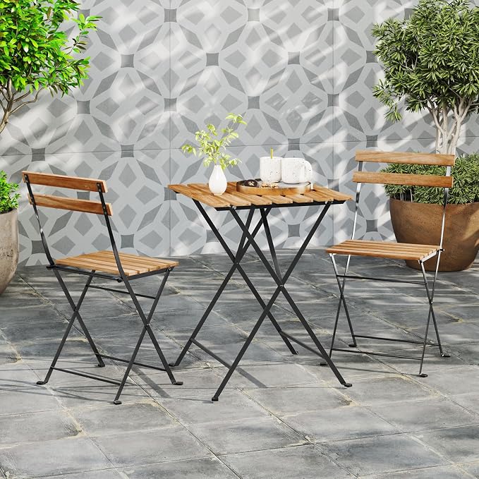 Giantex 3-Piece Acacia Wood Bistro Set, Patio Bistro Table with 2 Folding Chairs, Slatted Seat & Tabletop, Metal Frame, Outdoor Furniture Set for Backyard, Porch, Garden, Poolside (Black + Brown)