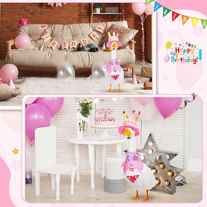 Dansydaisy Happy Birthday Goose Outfit Porch Goose Outfits with Happy Birthday Cake Hat and Bandana Yard Geese Outfits for 23" 17" Cement Plastic Geese Duck Decorations(Style 1,Pink)