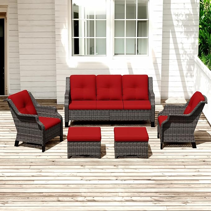 Patio Furniture Set 5 Pieces, Outdoor Wicker Furniture with Coffee Table and Side Table, Modern Rattan Patio Chairs Conversation Sets with Sofa for Garden, Terrace, Porch, Balconies, Lawns