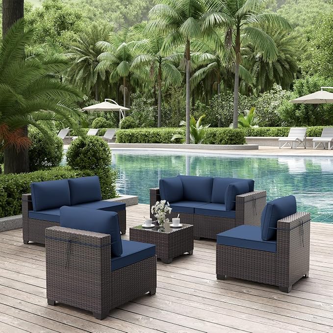 ALAULM Patio Furniture Set with Coffee Table, 7 Pieces Outdoor Sectional with Wide Seat and Thick Cushion, All Weather Wicker Rattan Conversation Set for Backyard, Garden, Deck, NavyBlue