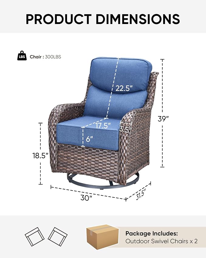 HUMMUH Outdoor Wicker Swivel Rocker Chairs, Set of 2, High Back | 6 in 28D foam cushions, 360° swivel and glide motion, PE wicker, metal frame, 350 lb capacity per chair