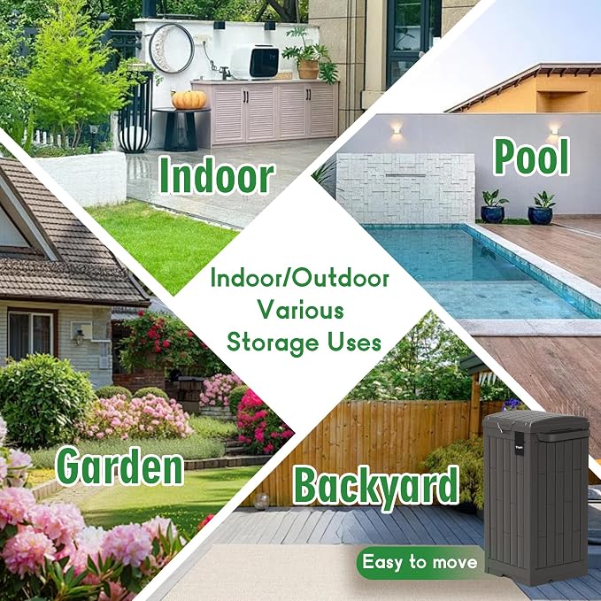 Outdoor Trash Can, 30 Gallon Garbage Can with Tiered Lid and Drip Tray, Waterproof Resin Waste Bin for Patio, Garden, Backyard, Deck, Brown