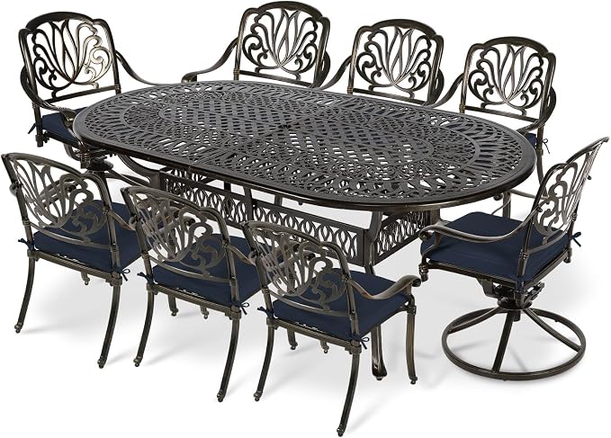 VIVIJASON 9-Piece Outdoor Furniture Dining Set, All-Weather Cast Aluminum Patio Conversation Set, Include 6 Stationary Chairs, 2 Swivel Dining Chairs, Oval Table with Umbrella Hole, Navy Blue Cushion