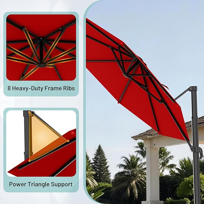 AreShark 10FT Round Cantilever Patio Umbrella with Base Included, 360° Rotation Offset Outdoor Umbrella, 5 Tilt Settings Heavy Duty Hanging Parasol for Deck Garden Pool, Red