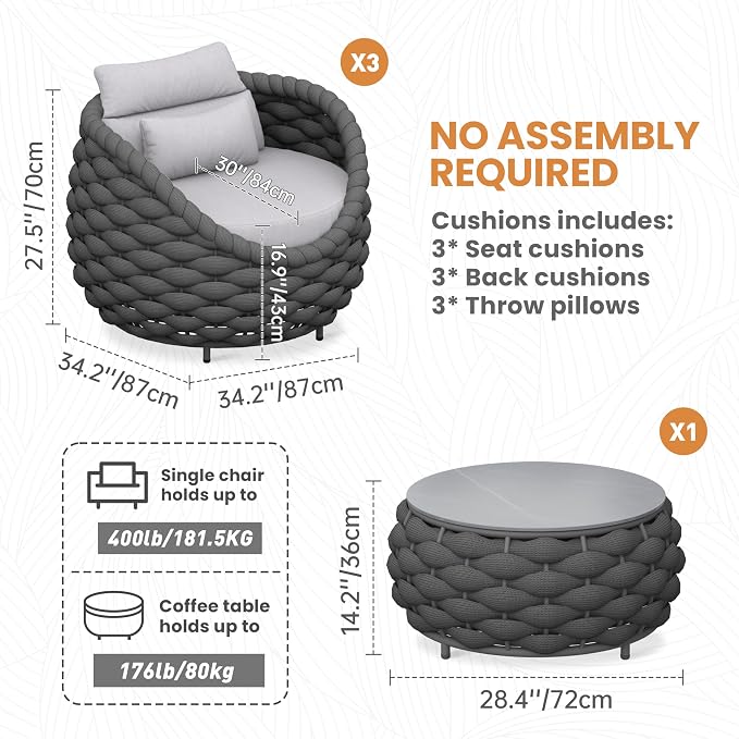 4 Pieces Balcony Seating Set: Aluminum Woven Rope Patio Chair Furniture Set - All Weather Metal Outdoor Conversation Set - Assembled Armchair with Table for Bistro Deck Porch Apartment Hotel
