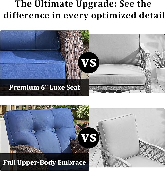 7-Piece Wicker Patio Furniture Set with 5-Inch Thick Cushions Weather Resistant Rattan High Back Swivel Rocker Chairs Senior Friendly Conversation Set for Small Porch Deck Sunroom Brown/Blue